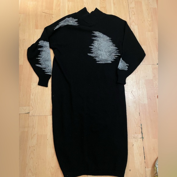 KRIZIA MAGLIA Black Silver Angora Wool Sweater Maxi Dress Sz M Women Leaves AI12 - Picture 4 of 5